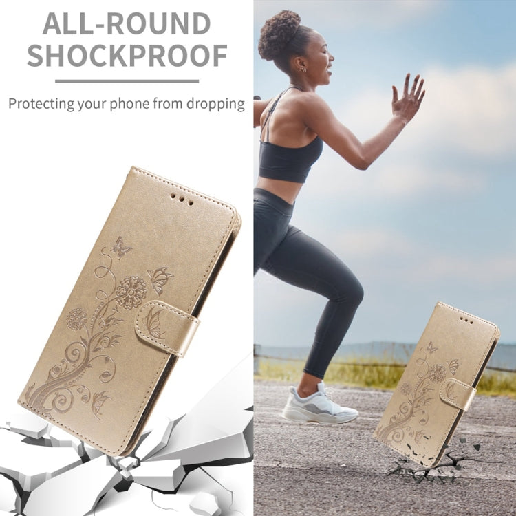 Funda de Cuero OnePlus 13 con Diseño de Mariposas y Flores en Relieve (Dorada)