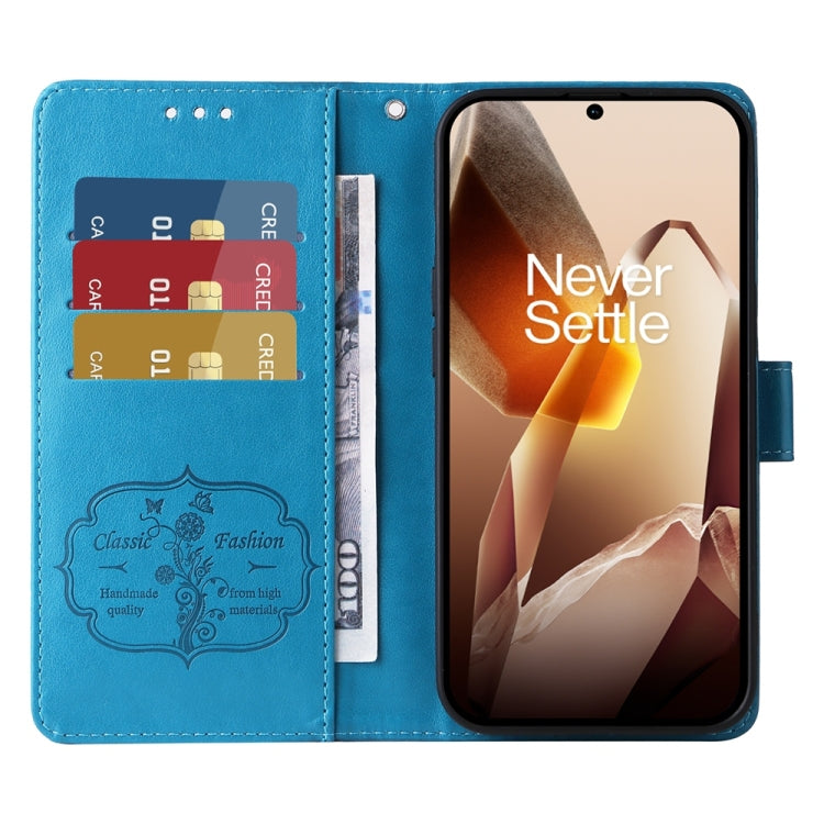 Funda de Cuero para OnePlus 13 con Diseño de Mariposas y Flores en Relieve (Azul)