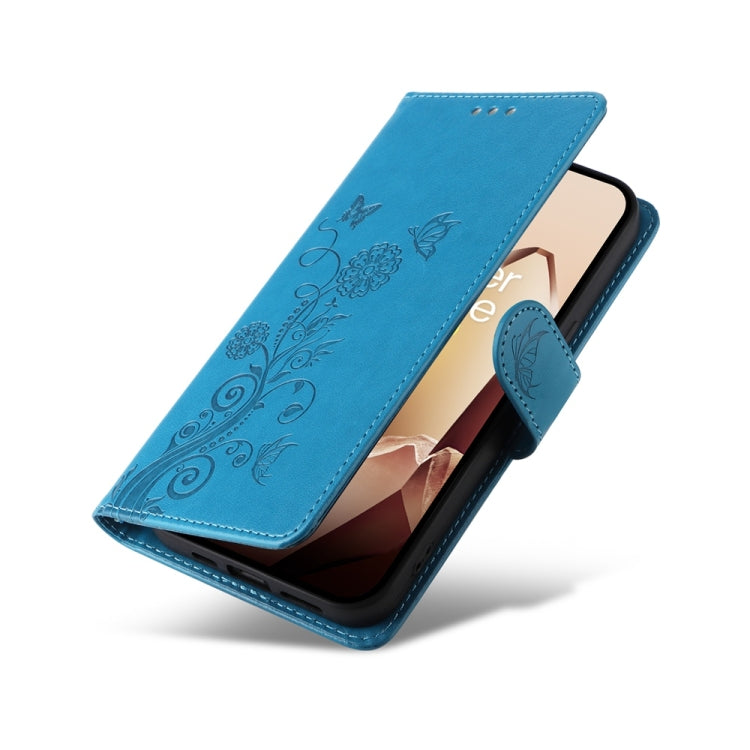 Funda de Cuero para OnePlus 13 con Diseño de Mariposas y Flores en Relieve (Azul)