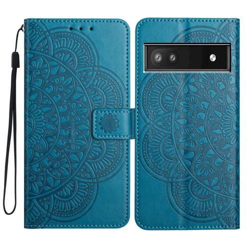 Funda de Cuero con Relieve de Flores para Google Pixel 9A (Azul)
