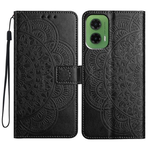 Funda de Cuero con Relieve Floral para Motorola Moto G35 (Negra)