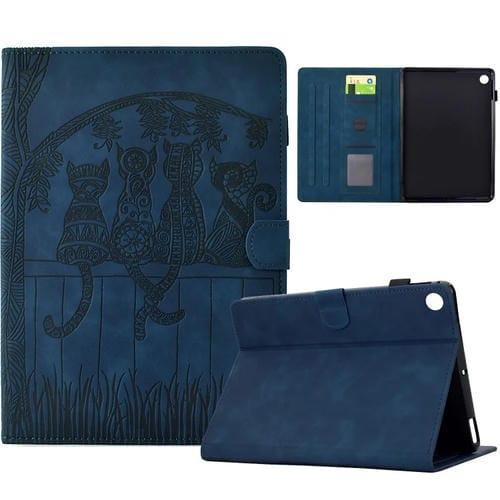 Funda Inteligente Cuero Samsung Galaxy Tab A9+ Relieve Gatos (Azul Oscuro)