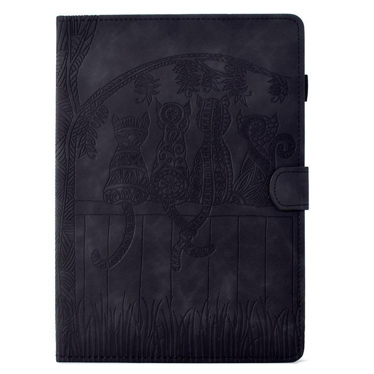 Funda de cuero con relieve de gatos para Samsung Galaxy Tab S10 FE+ (negra)