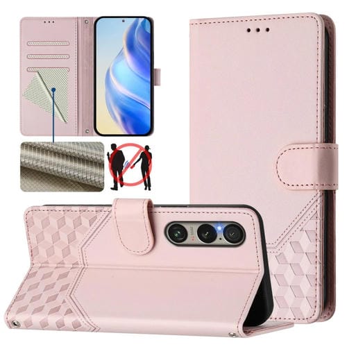 Funda de Cuero RFID con Relieve en Panal para Sony Xperia 1 VI (2024) (Rosa)