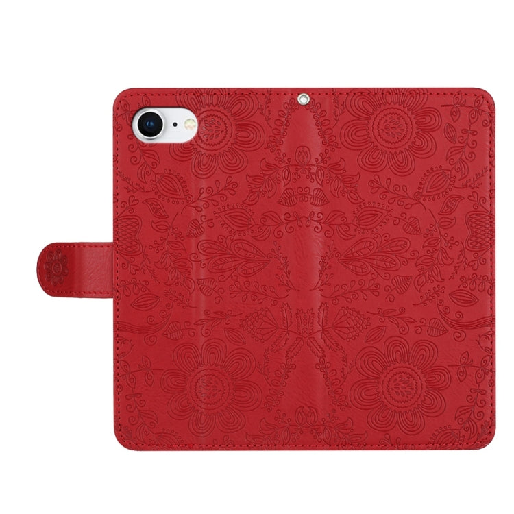 Funda de Cuero para iPhone 16E Estampado Floral En Relieve (Rojo)