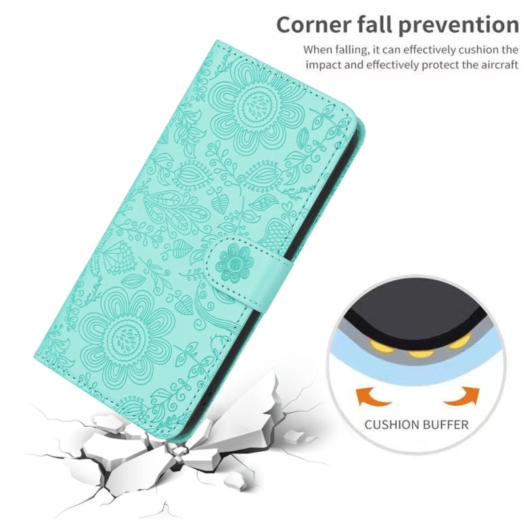 Funda de Cuero con Estampado Floral en Relieve para iPhone 16E (Verde Claro)