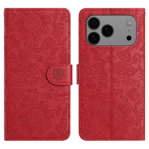 Funda de cuero con estampado floral en relieve para iPhone 17 Pro Max (roja)