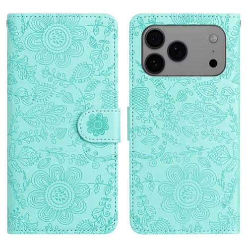 Funda de piel con estampado floral en relieve para iPhone 17 Pro Max (verde claro)