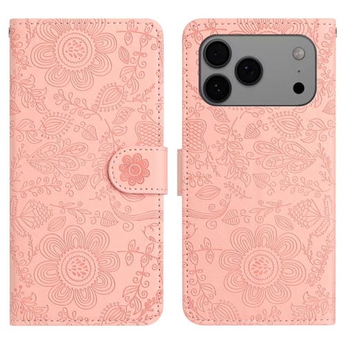 Funda de cuero con estampado floral en relieve para iPhone 17 Pro (rosa)