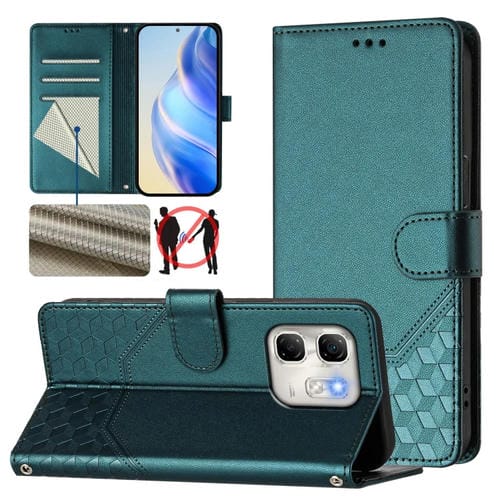 Funda de Cuero Rfid con Relieve en Panal para Infinix Hot 50I 5G y Smart 9 4G (Verde Pavo Real)