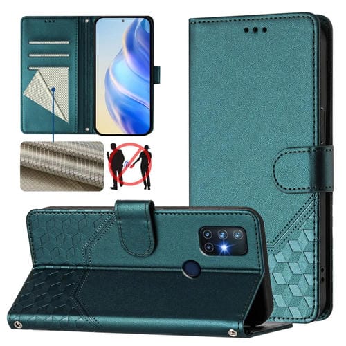 Funda de Cuero Rfid con Relieve de Panal para OnePlus Nord N10 5G (Verde Pavo Real)