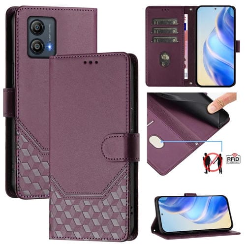 Funda de Cuero RFID con Relieve en Panal para Motorola Moto G53 5G / G13 4G / G23 4G (Violeta)