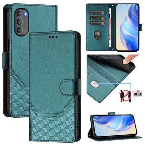 Funda de Cuero RFID con Relieve en Panal para Motorola Moto G71 5G (Verde Pavo Real)