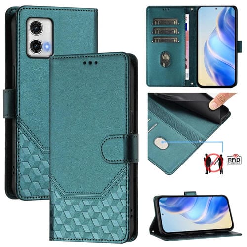 Funda de Cuero Rfid con Relieve en Panal para Motorola Moto G73 5G (Verde Pavo Real)