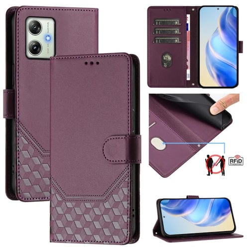Funda de Cuero Rfid con Relieve en Panal para Motorola Moto G64 India/G54 5G India (Violeta)