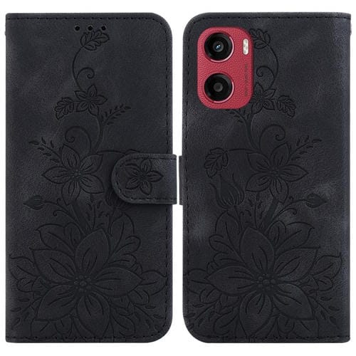 Funda de Cuero con Relieve de Lirio para Motorola Moto G05/E15 (Negra)