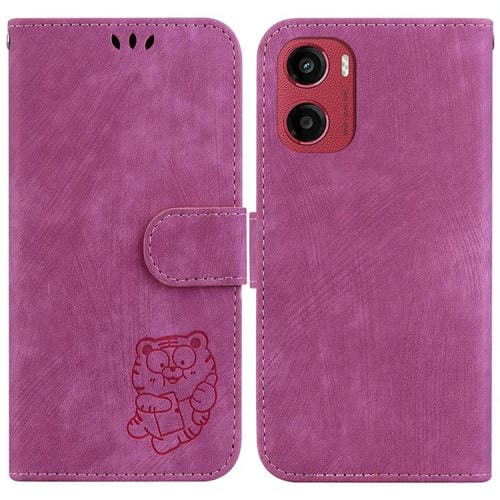 Funda de Cuero con Relieve de Tigre Pequeño para Motorola Moto G05/E15 (Rosa Rojo)