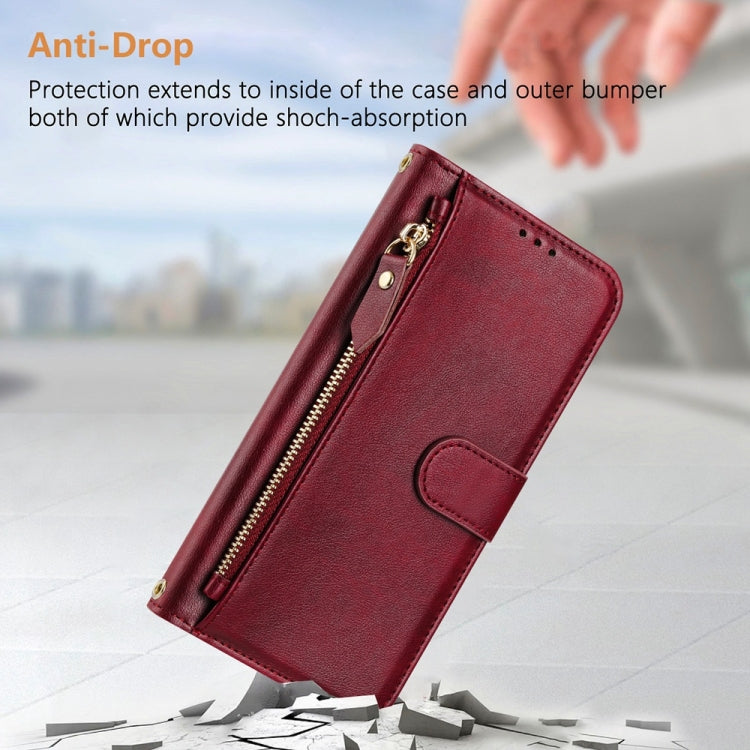 Funda Tipo Billetera Cuero iPhone 16E Cremallera Ranuras Tarjetas (Rojo Oscuro)