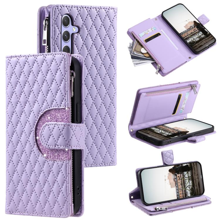 Funda de cuero tipo billetera con cremallera y diseño de celosía brillante para Samsung Galaxy S25 FE 5G (morado)