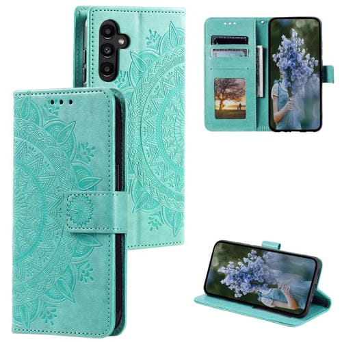 Funda de cuero con relieve de flor tótem y cordón para Samsung Galaxy S25 FE 5G (verde)