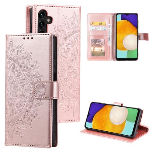 Funda de cuero con relieve de flor tótem y cordón para Samsung Galaxy S25 FE 5G (oro rosa)