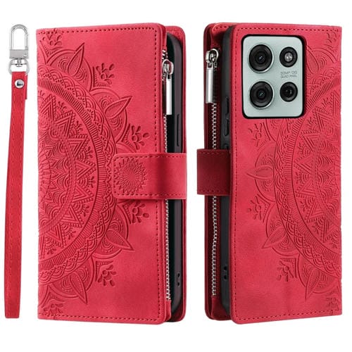 Funda de Cuero con Cremallera y Múltiples Tarjetas para Motorola Moto G75 5G (Rojo)