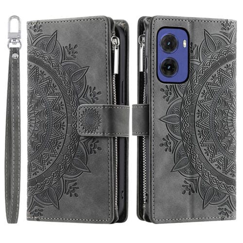 Funda de Cuero con Cremallera y Múltiples Tarjetas para Motorola Moto G05 (Gris)