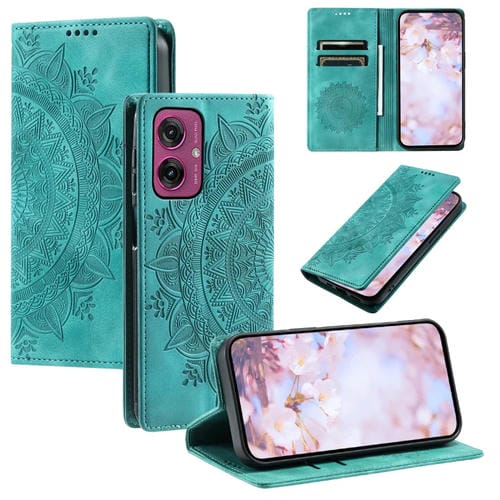 Funda de Cuero Magnética con Relieve Totem para Motorola Moto G55 (Verde)