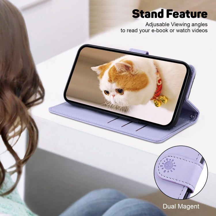 Funda de Piel Rfid para iPhone 16E Diseño de Gatos (Morado)