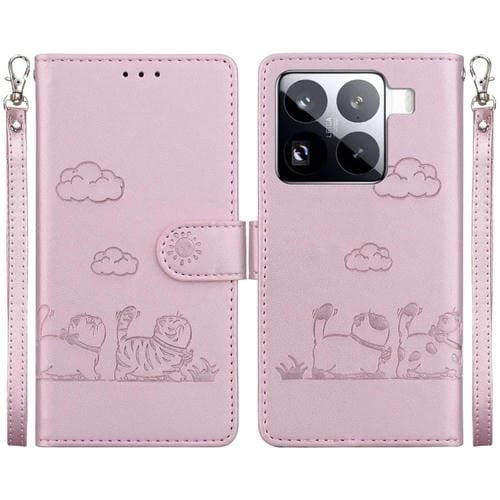 Funda De Cuero Rfid Con Diseño De Gatos Para Xiaomi 15 Pro (Oro Rosa)