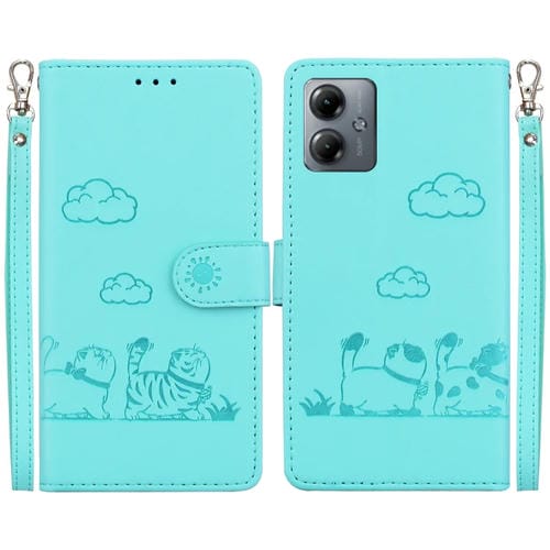 Funda de Cuero Rfid para Motorola Moto G14 con Diseño de Gatos (Verde)