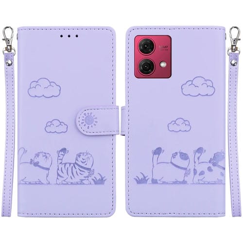 Funda de Cuero Rfid para Motorola Moto G84 con Diseño de Gatos (Morado)