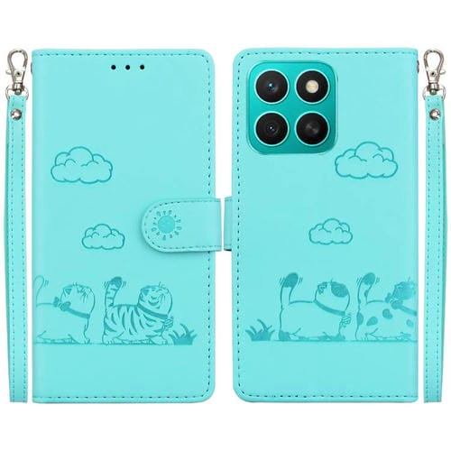 Funda de Cuero Rfid para Honor X8C 4G con Diseño de Gatos (Verde)