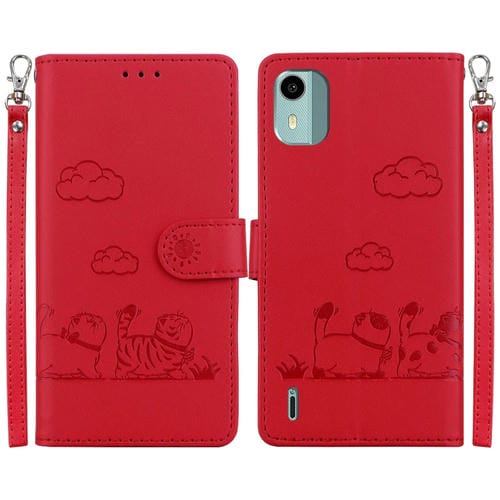 Funda de Cuero Rfid para Nokia C12 con Diseño de Gatos (Roja)