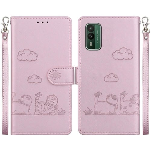 Funda de Cuero Rfid para Nokia Xr21 con Diseño de Gatos Lindos (Oro Rosa)
