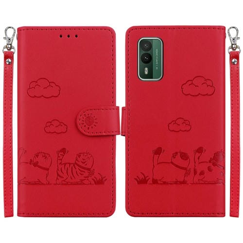 Funda de Cuero Rfid para Nokia Xr21 con Diseño de Gatos (Rojo)