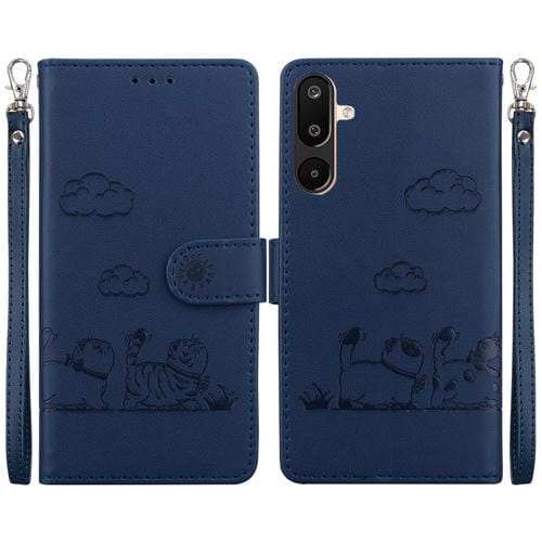 Funda de cuero RFID con diseño de gatos para Samsung Galaxy M16 5G / F16 5G / M36 5G (azul)