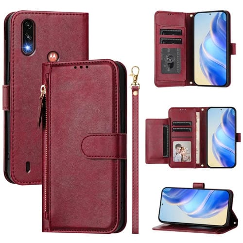 Funda de Cuero con Cremallera y Ranuras para Tarjetas para Motorola Moto E7 Power (2021) (Rojo Oscuro)