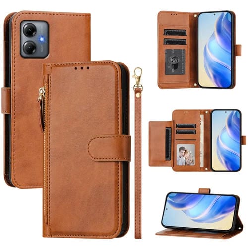 Funda de Cuero Motorola Moto G14/G54 con Cremallera y Ranuras para Tarjetas (Marrón)