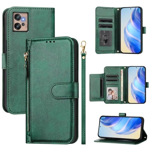 Funda de Cuero con Cremallera y Ranuras para Tarjetas para Motorola Moto G32 (Verde)