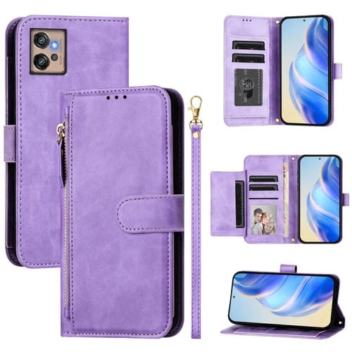 Funda de Cuero con Cremallera y Ranuras para Tarjetas para Motorola Moto G32 (Morado)