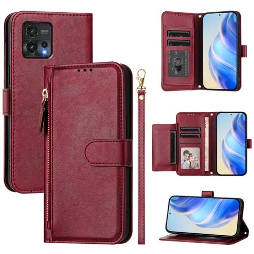 Funda de Cuero con Cremallera y Ranuras para Tarjetas para Motorola Moto G72 (Rojo Oscuro)