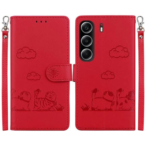 Funda de piel RFID con diseño de gatos para Tecno Camon 40 (roja)