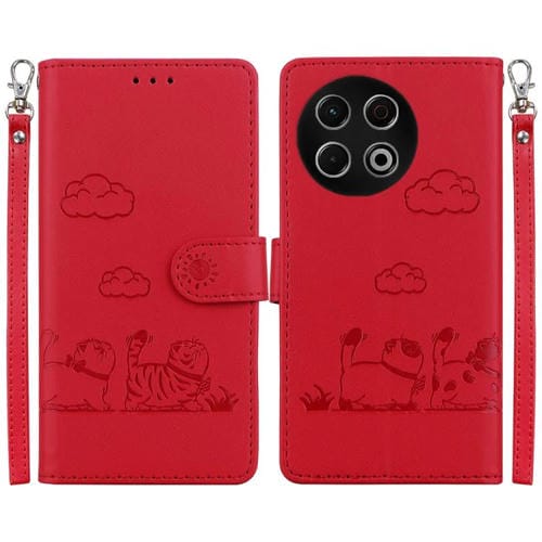 Funda de cuero RFID con diseño de gatos para Tecno Spark 30 Pro (roja)