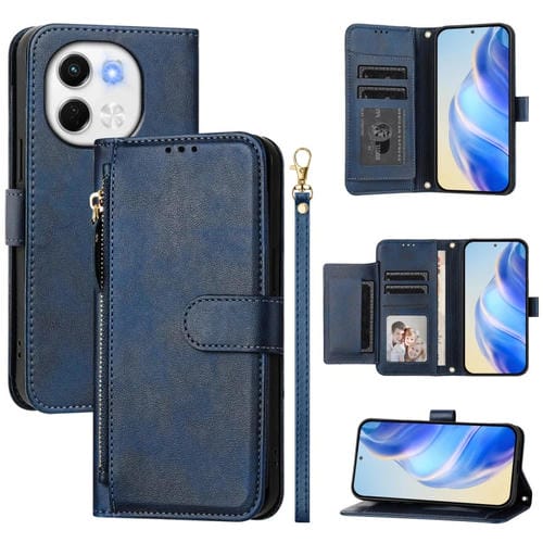 Funda de Cuero con Cremallera y Ranuras para Múltiples Tarjetas para Tecno Spark 30 5G / Pova 6 Neo 5G (Azul)