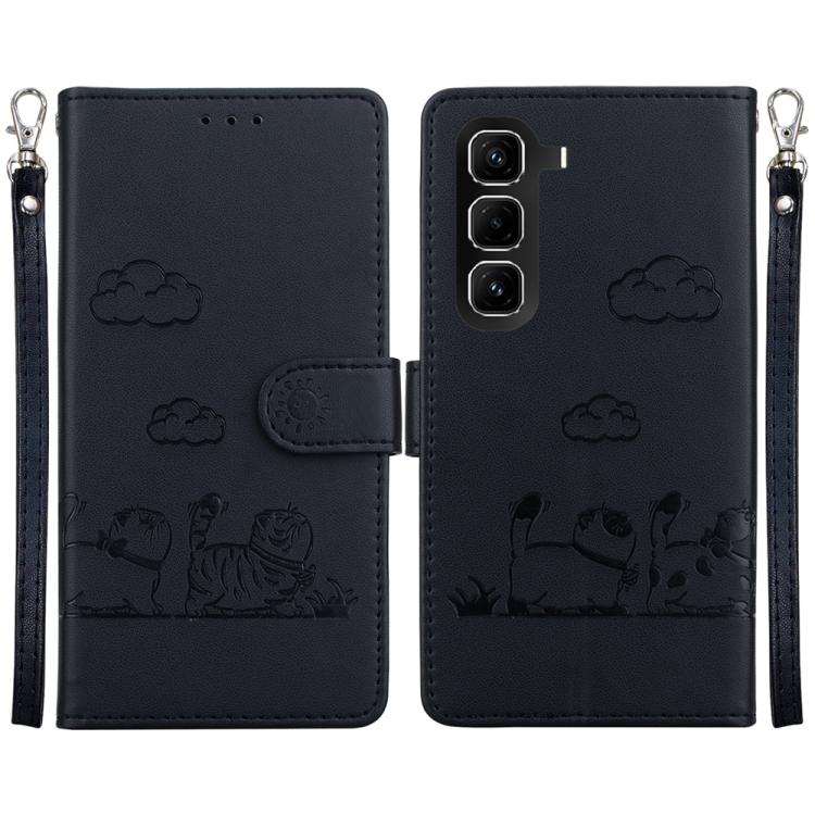 Funda de cuero RFID con diseño de gatos para Infinix Hot 50 Pro+ 4G (negra)