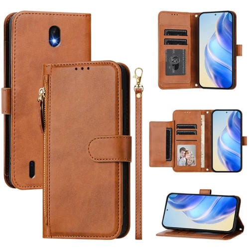 Funda de Cuero con Cremallera y Ranuras para Tarjetas para Nokia C01 Plus/C1 2.ª Edición (Marrón)