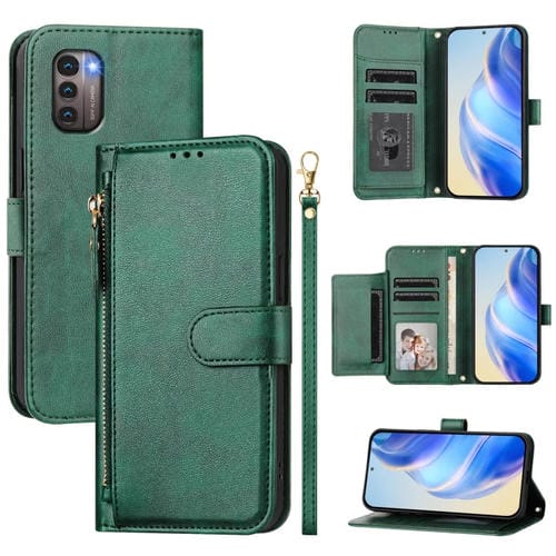 Funda de Cuero con Cremallera y Ranuras para Tarjetas para Nokia G21/G11 (Verde)