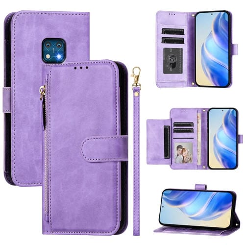Funda de Cuero Tipo Billetera para Nokia Xr20 con Cremallera y Ranuras para Tarjetas (Morado)