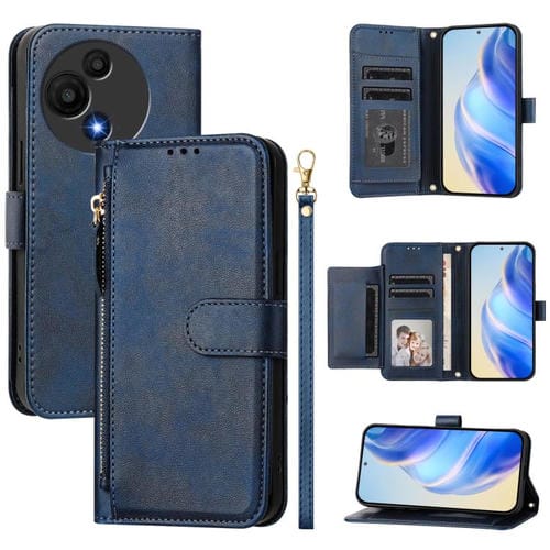 Funda de cuero con cremallera y ranuras para múltiples tarjetas para TCL 605 / TCL 60 SE (azul)